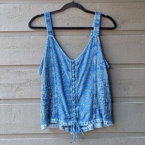 L.S.I. Boho Lace Up Blue Acid Wash Tank Top Size S/M